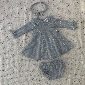 Rare editions grey long sleeve dress with diaper cover(shorts)matching headband
